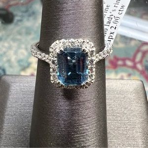 14k White Gold Diamond Emerald Shape Aquamarine Halo Ring